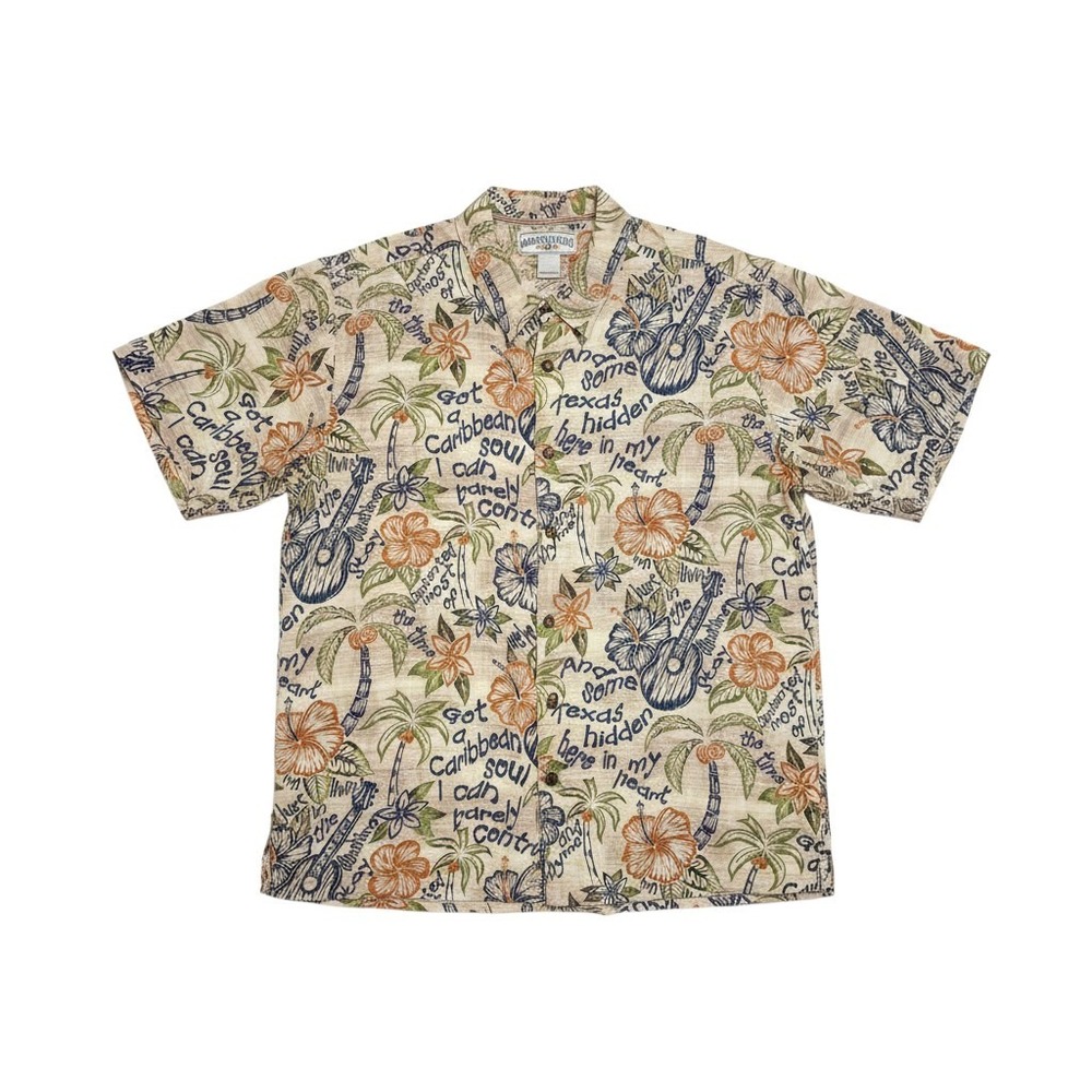 Margaritaville Caribbean Soul Tropical Camp Shirt Tan‎ Floral Guitar XXL *READ*